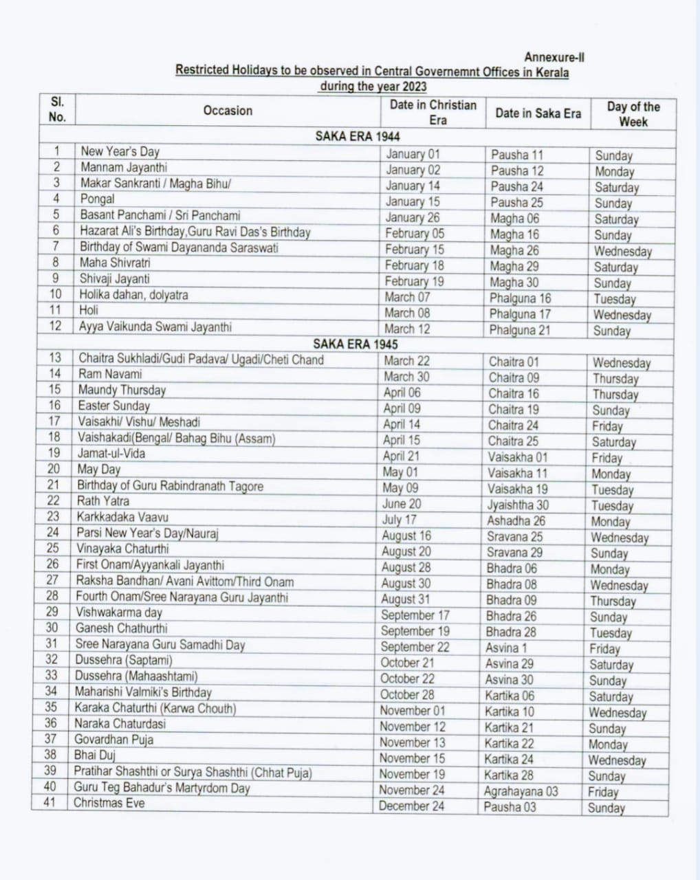 List of Restricted Holidays 2023